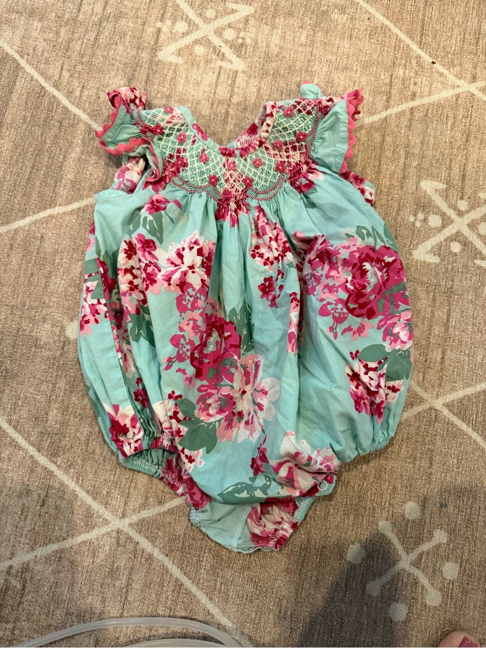 Smocked Floral Bubble Romper in Aqua and Pink - Kids One-Piece